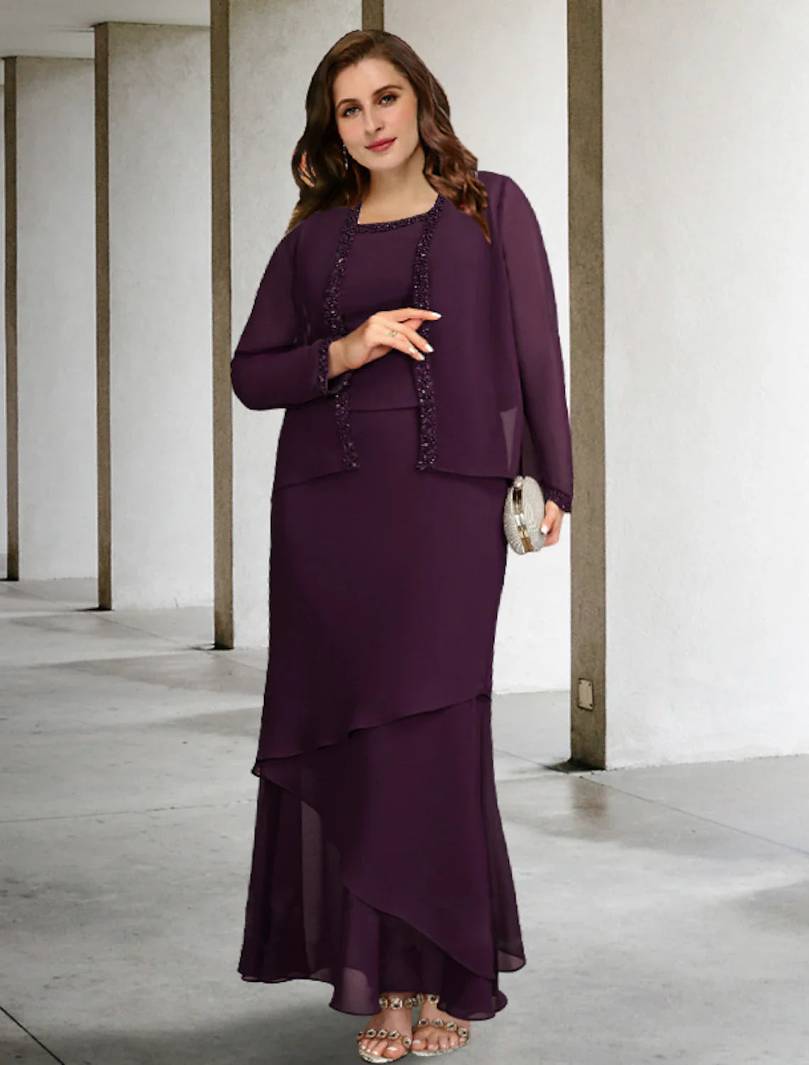Aimishang Two Piece A-Line Mother of the Bride Dresses Plus Size Hide Belly Curve Elegant Dress Formal Ankle Length Sleeveless Square Neck Chiffon with Beading Ruffles