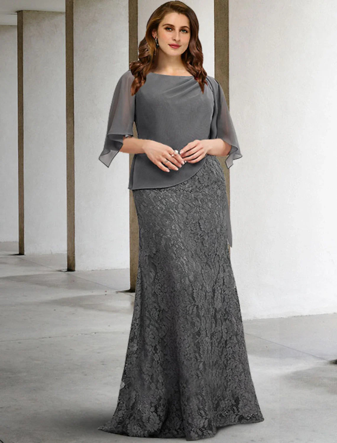 Aimishang Sheath / Column Mother of the Bride Dresses Plus Size Hide Belly Curve Elegant Dress Formal Floor Length Half Sleeve Jewel Neck Chiffon with Splicing