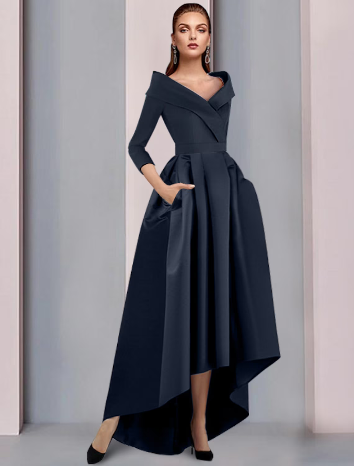 A-Line Mother of the Bride Dress Elegant High Low Sweet Strap Asymmetrical Satin Sleeve with Pleats