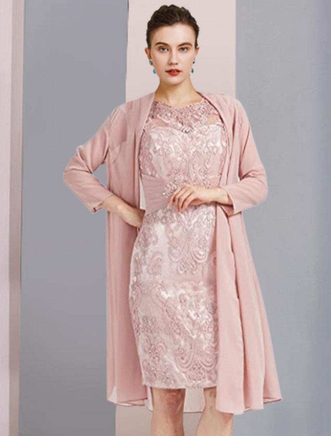 Aimishang Two Piece Sheath / Column Mother of the Bride Dress Formal Wedding Guest Elegant Scoop Neck Knee Length Chiffon Lace Sleeveless Jacket Dresses with Beading Appliques