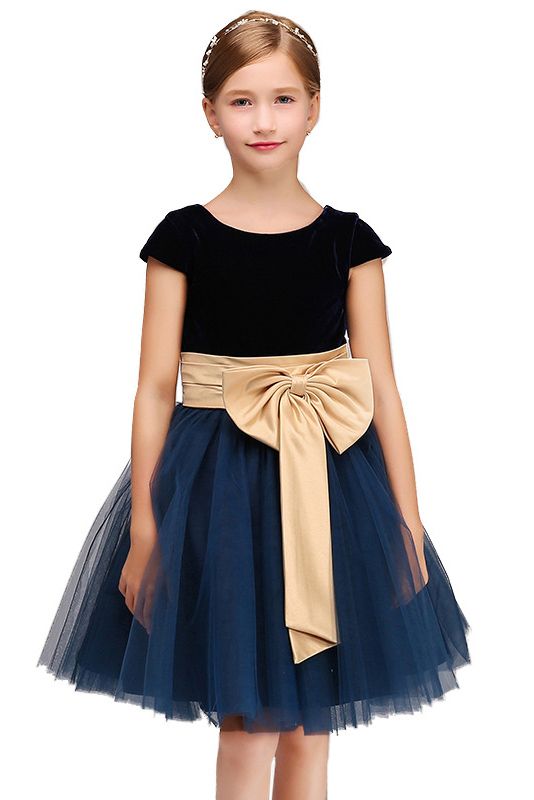 Beautiful Cap Sleeve Jewel Polyester Flower Girl Dress with Tulle Bow