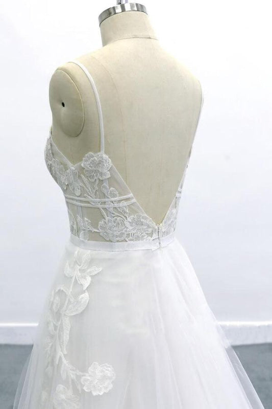 Best Spaghetti Strap Appliques Tulle Wedding Dress