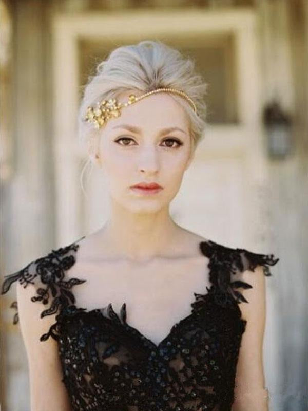 Black Princess Wedding Dresses Sleeveless Lace Court Train Bridal Gown