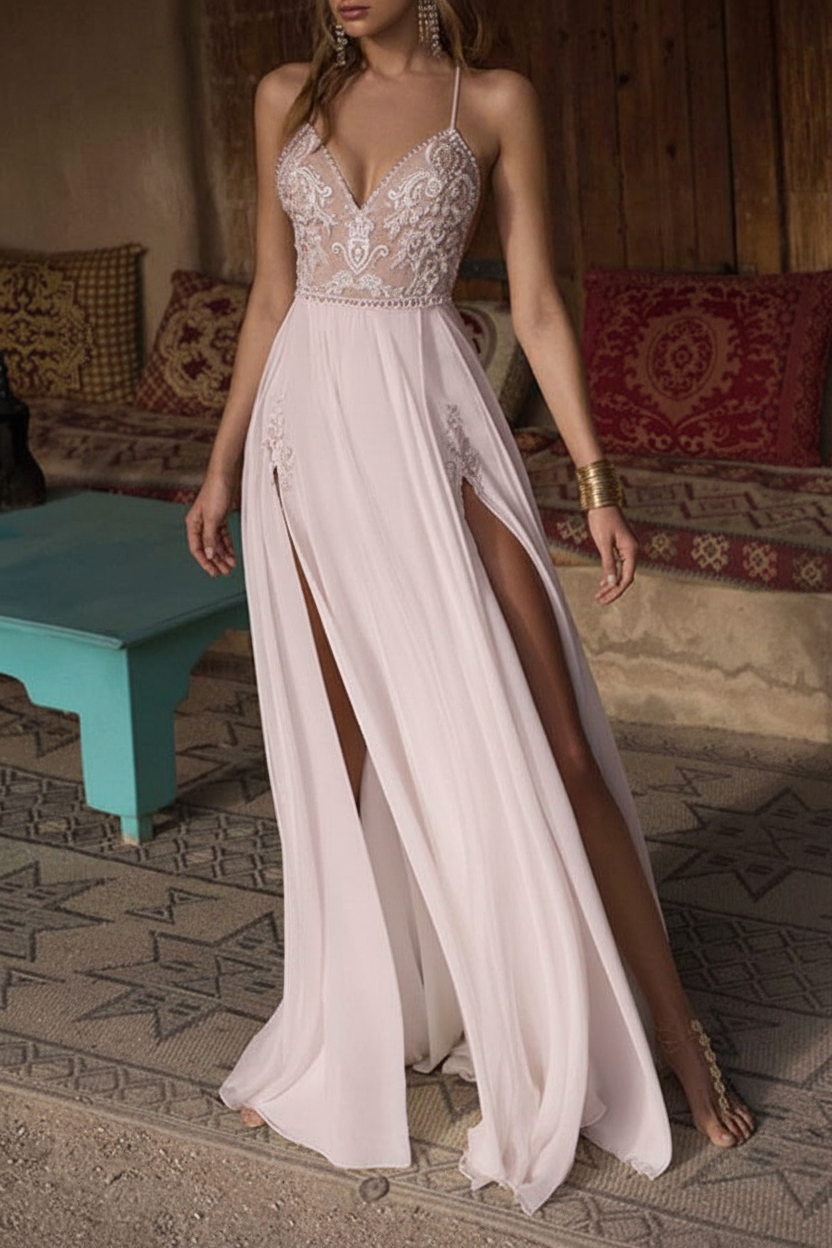 Bohemian Lace Wedding Dress V-Neck Beaded Backless Beach Bridal Gown with Double Slits