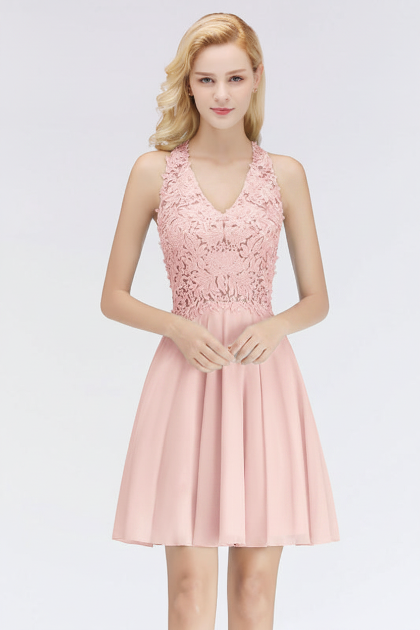 V-Neck Knee Length Floral Lace Birdesmaid Dresses