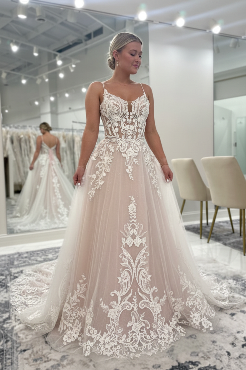 Sweetheart Spaghetti Straps Appliques Lace A-Line Wedding Dresses