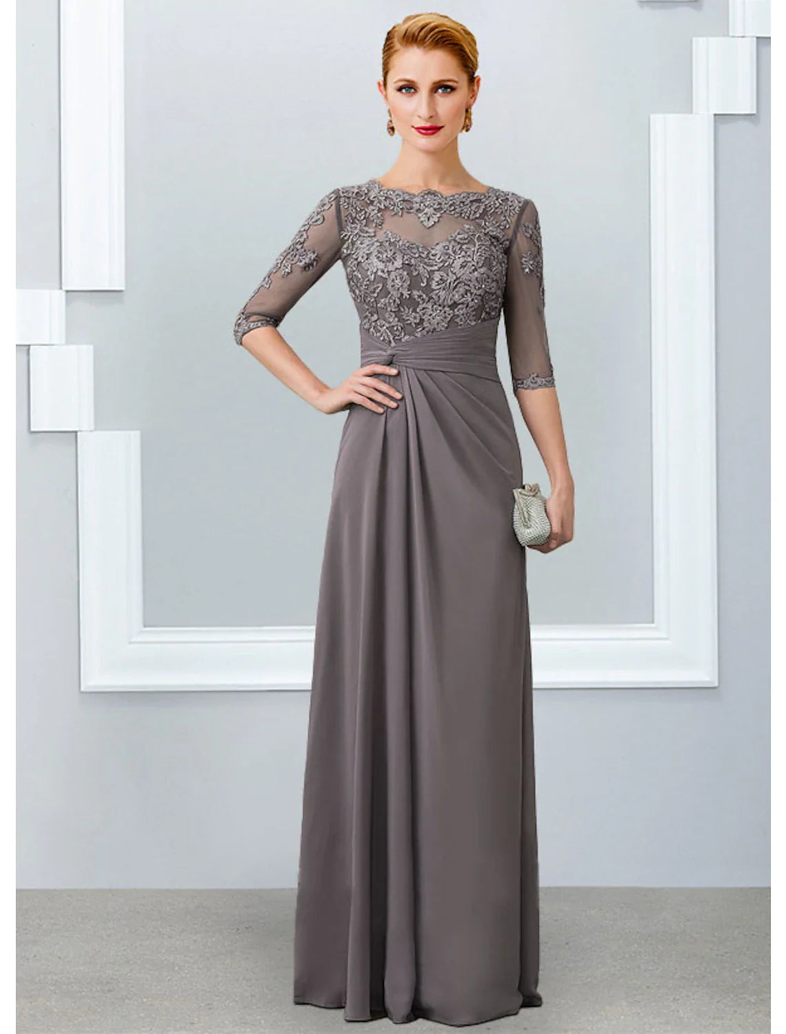 Aimishang Sheath / Column Mother of the Bride Dress Elegant Jewel Neck Floor Length Chiffon Lace 3/4 Length Sleeve with Appliques
