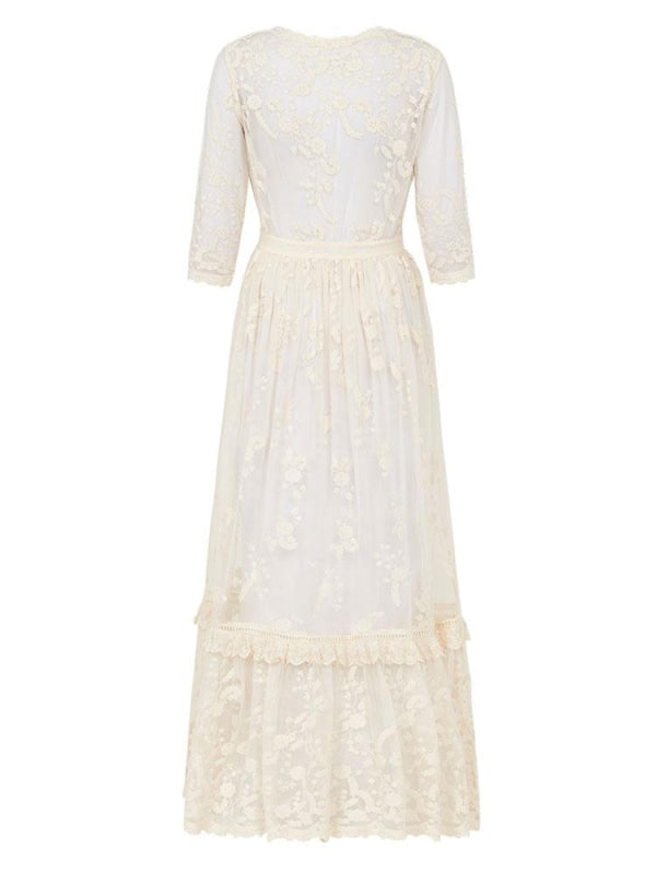 Boho Wedding Dress V Neck Floor Length Lace Multilayer Bridal Gown Dress Outfit