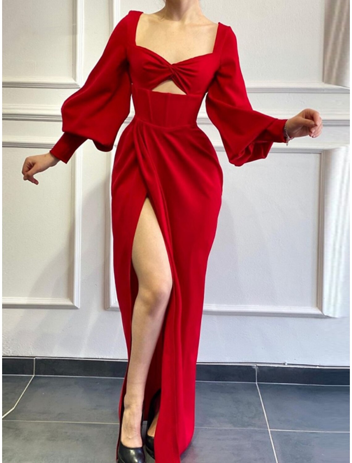 A-Line Evening Gown Sparkle & Shine Dress Party Wear Floor Length Long Sleeve Square Neck Fabric with Pleats Ruched Slit