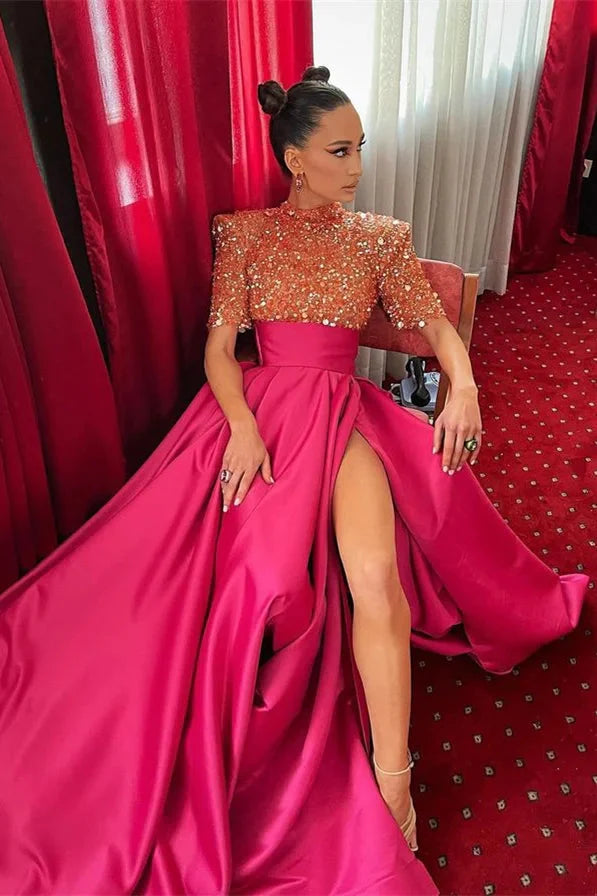 Budget High Neck Half Sleeves Evening Gowns Fuchsia Long Split With Sequins