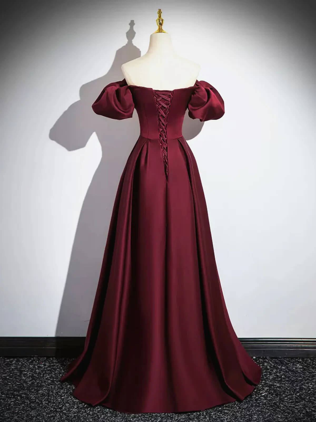 Unique Burgundy Prom Dress Short Sleeve A-line Satin Maxi Dresses Formal