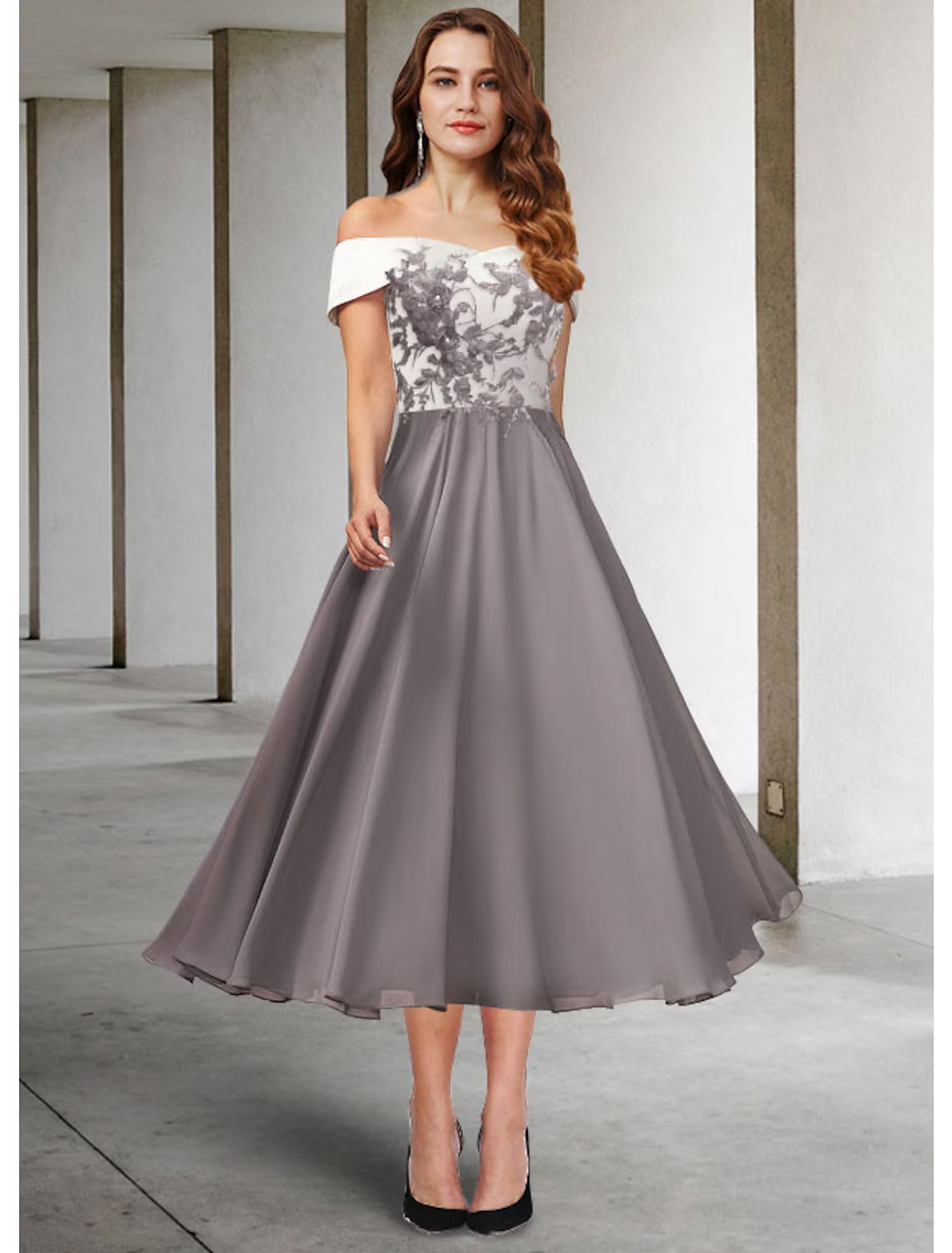 A-Line Mother of the Bride Dress Elegant Off Shoulder Chiffon Lace Short Sleeve with Pleats Appliques
