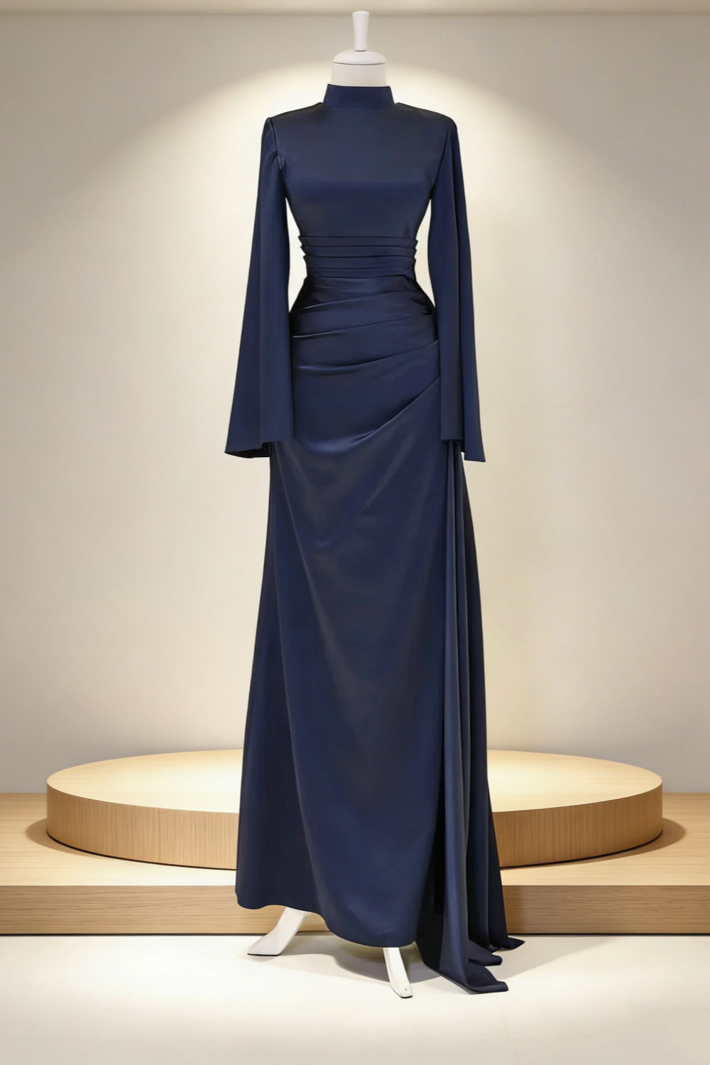 Long sleeves Navy Blue Matte Satin Draped Dress - High Neck Wide Sleeve Socialite Style Cocktail Gown gh6969