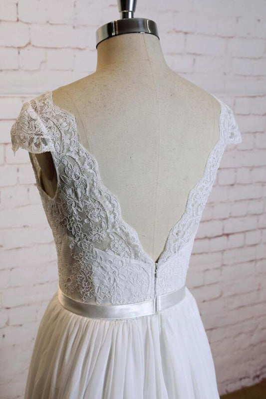 Cap Sleeve A-line Lace Chiffon Wedding Dress