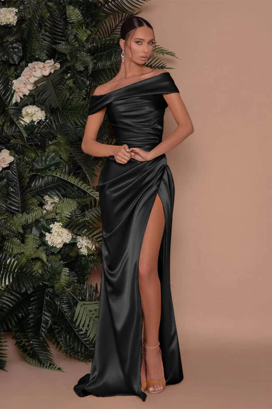 Champagne Off-The-Shoulder Mermaid Prom Dress with Split