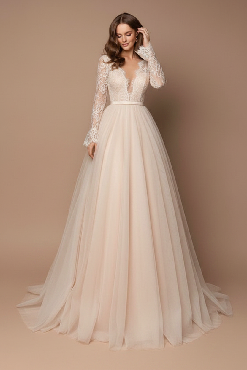 Black Wedding Dress A-Line V-Neck Long Sleeves Tulle Lace Bridal Gowns