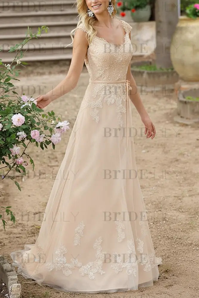 Simple Wedding Dress A Line V Neck Sleeveless Sash Bridal Gowns With Train