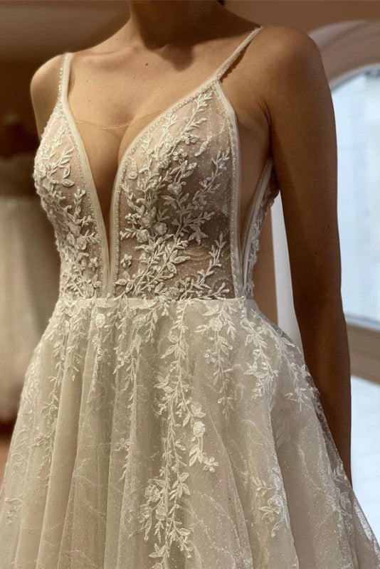 Spaghetti Straps Lace Tulle Wedding Dress A Line with Appliques