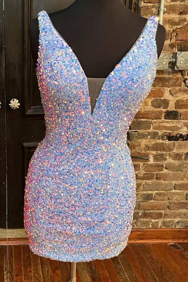 Purple Sequins Plunge Mini Homecoming Dress