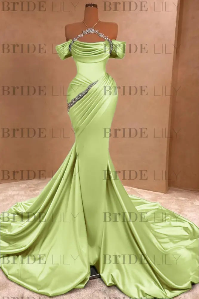 Chic Ruffle Satin Prom Dress Mermaid Off-the-Shoulder Beadings Long Party Gown