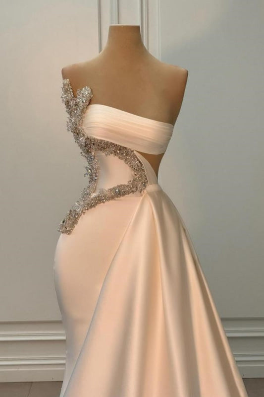 Chic Strapless Hollow Beaded Empire Satin Prom Dress Mermaid Sleeveless Evening Gown