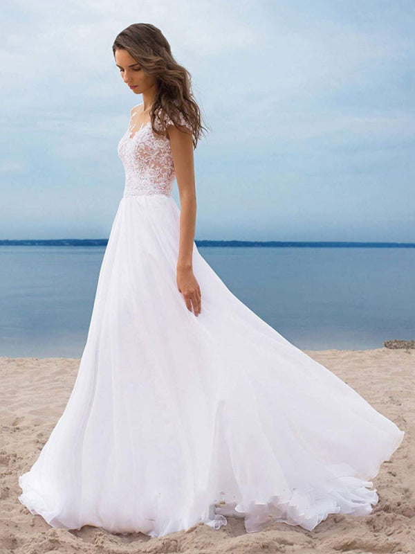 Chiffon Boho Wedding Dresses Short Sleeves V Neck A Line Split Front Bridal Dresses