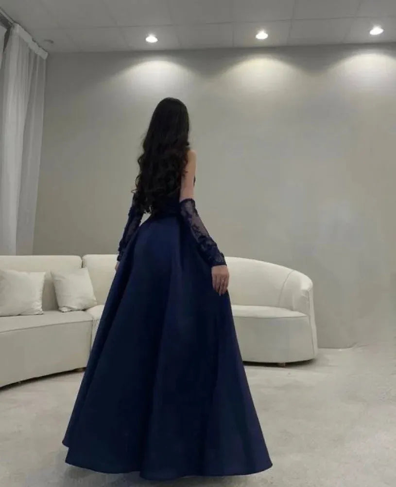 Modest Ball Gown Navy Blue Strapless With Long Sleeves Prom Dresses Long Evening Dress HZ1024