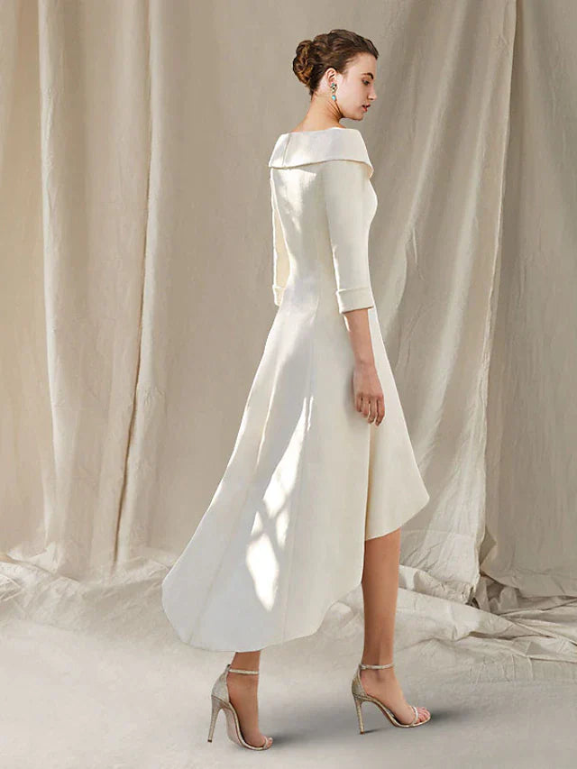 DingjiA-Line Mother of the Bride Dress Elegant High Low Bateau Neck Asymmetrical Knee Length Stretch Fabric 3/4 Length Sleeve with Lace Bow(s)