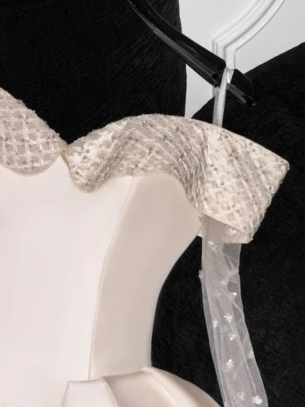 White Off Shoulder A-Line Satin Short Party Dresses Birthday Party Dresses, HZ0319