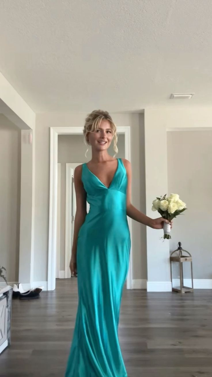 Simple V Neck Satin Long Prom Dress Party Dress cc1557