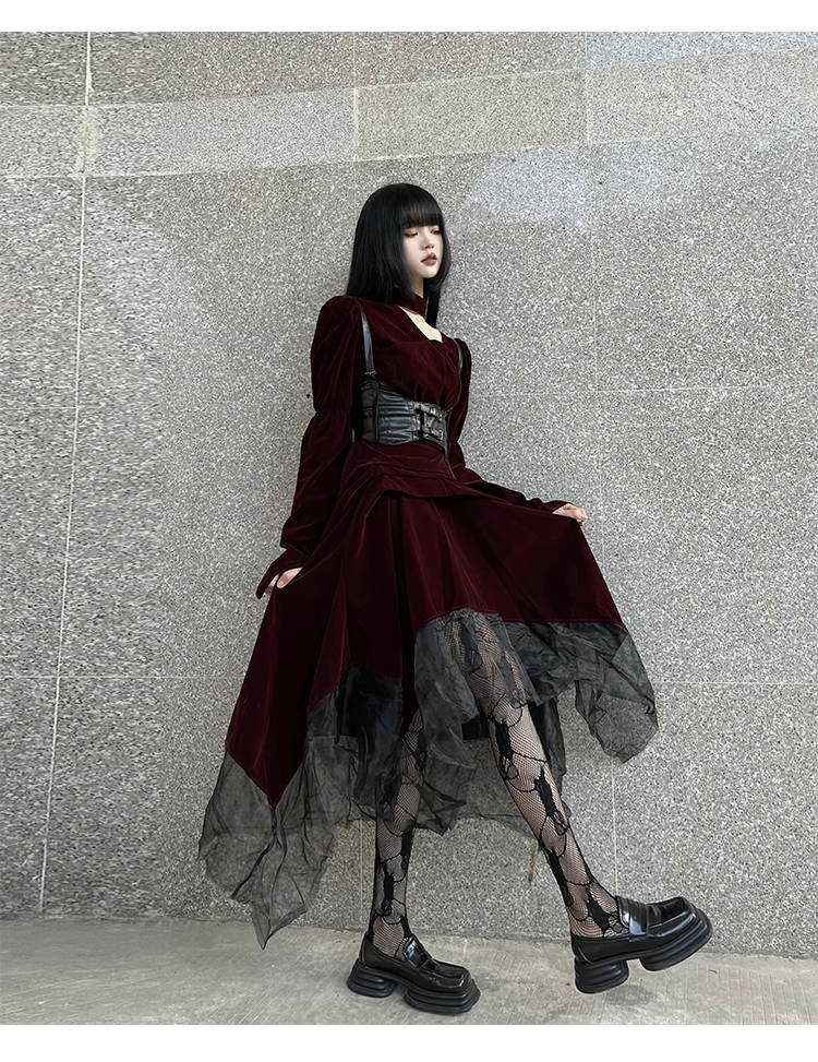 Elegant Fashion Red Velvet Irregular Dress Edge Design Gothic style party High-waisted Long-sleeved Dress HZ1024
