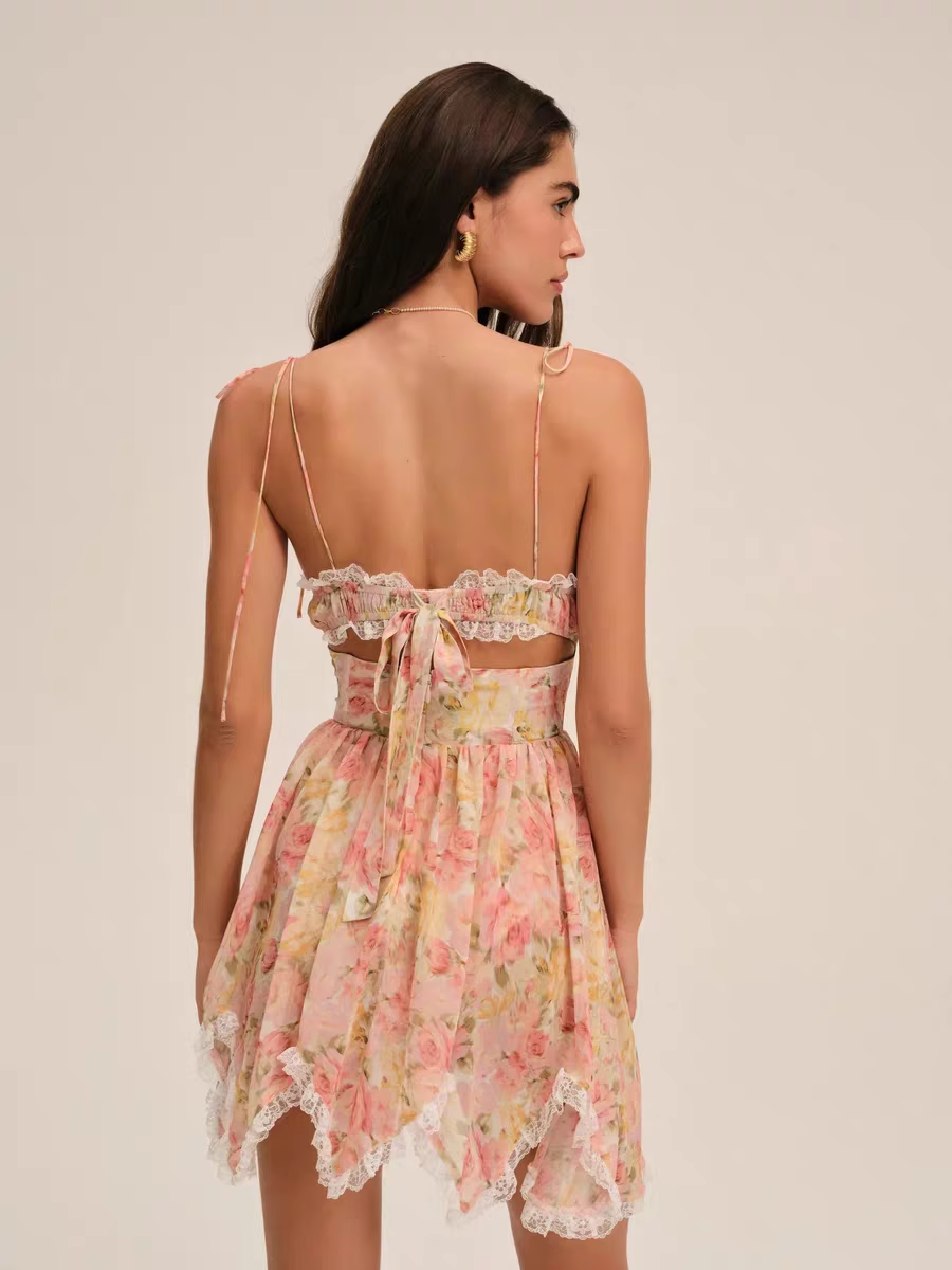 Vintage Lace Floral Spaghetti Strap Ruffled Hem Design A-line Party Dress HZ1024