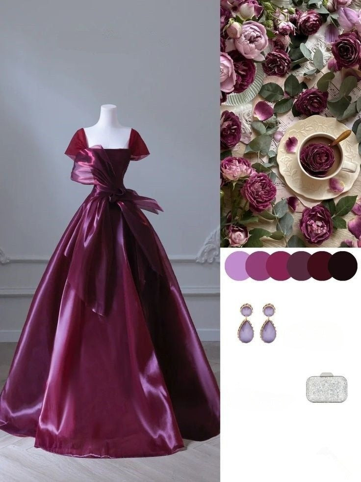 Elegant Burgundy A-Line Satin Long Formal Prom Dress Party Gown, HZ0319