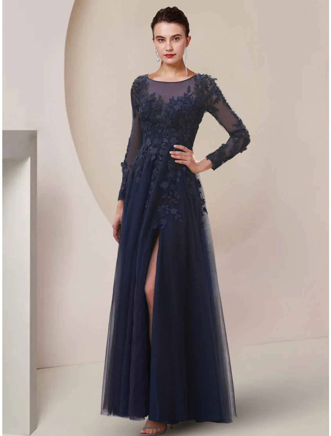 Aimishang A-Line Mother of the Bride Dress Wedding Guest Elegant Scoop Neck Ankle Length Lace Tulle Long Sleeve with Split Front Ruching