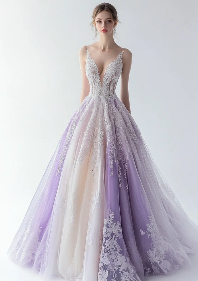 Fairy A-line Purple Prom Dress V-Neck Tulle Sleeveless Long Evening Dress DP05091