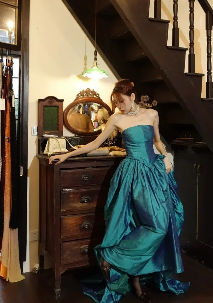 Cute Teal Prom Dress Strapless A-Line Birthday Dress Satin Sleeveless Evening Dress DP05130