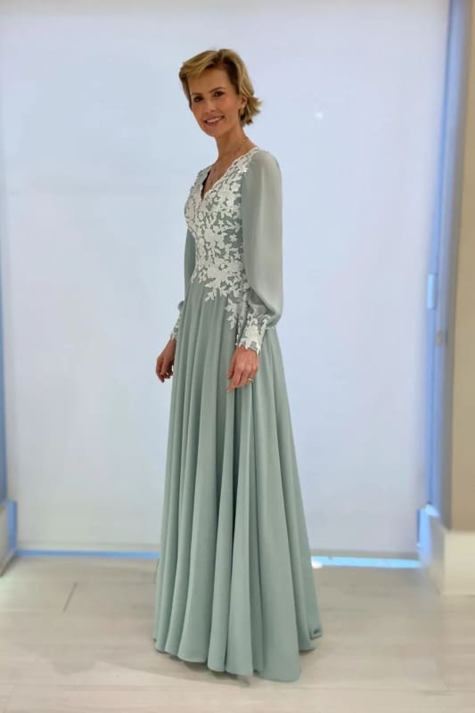 Dusty Sage Aline Chiffon Mother of the Bride Dress Long Sleeves with Appliques