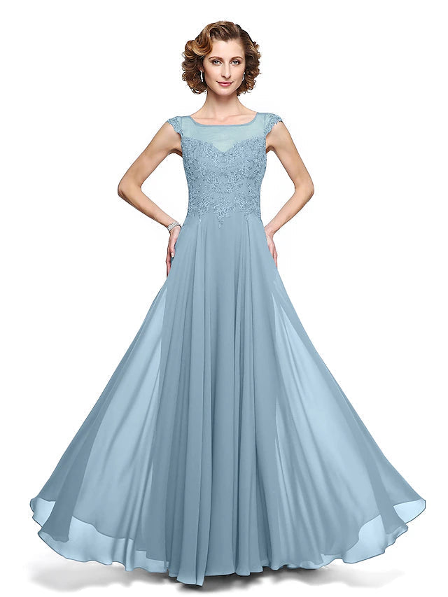A-Line Mother of the Bride Dress Elegant Jewel Neck Ankle Length Chiffon Lace Sleeveless