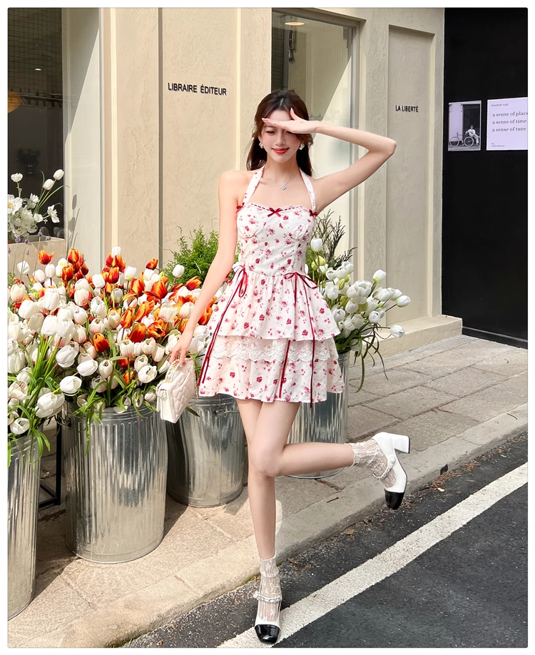 New Fashion Red Floral Print Bow Design A-line Halter Dress HZ1024