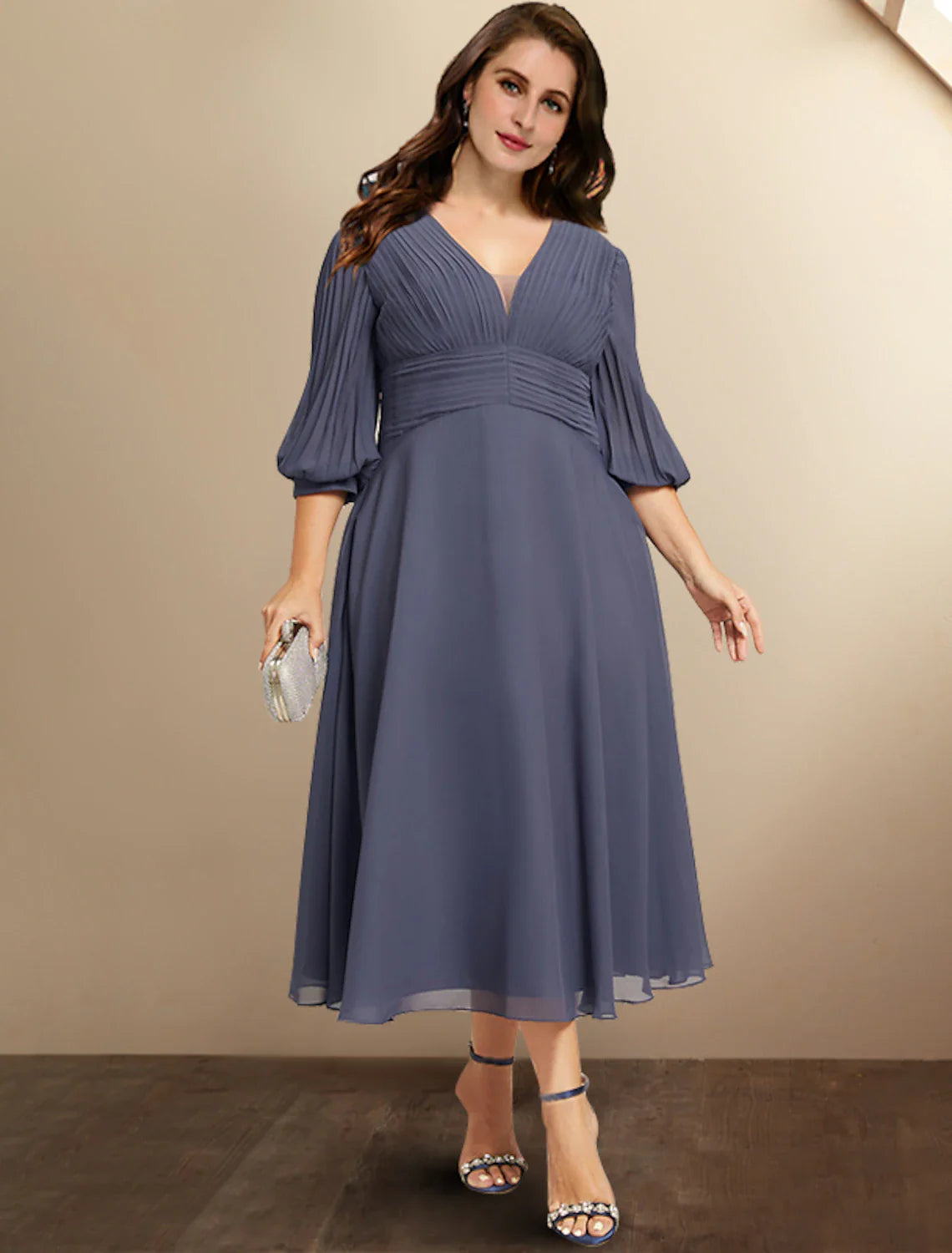Aimishang A-Line Mother of the Bride Dresses Plus Size Hide Belly Curve Elegant Dress Formal Tea Length Half Sleeve V Neck Chiffon with Pleats Ruched Fall