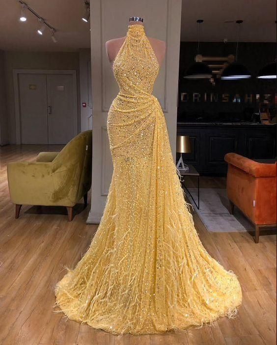 Luxury Yellow Sequins Feathers Evening Dress Sexy Mermaid Party Prom Dress cc1784