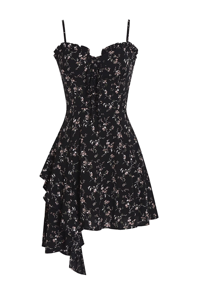 New Fashion Floral Design A-line Black High-waist Sleeveless Spaghetti Strap Dress HZ1024