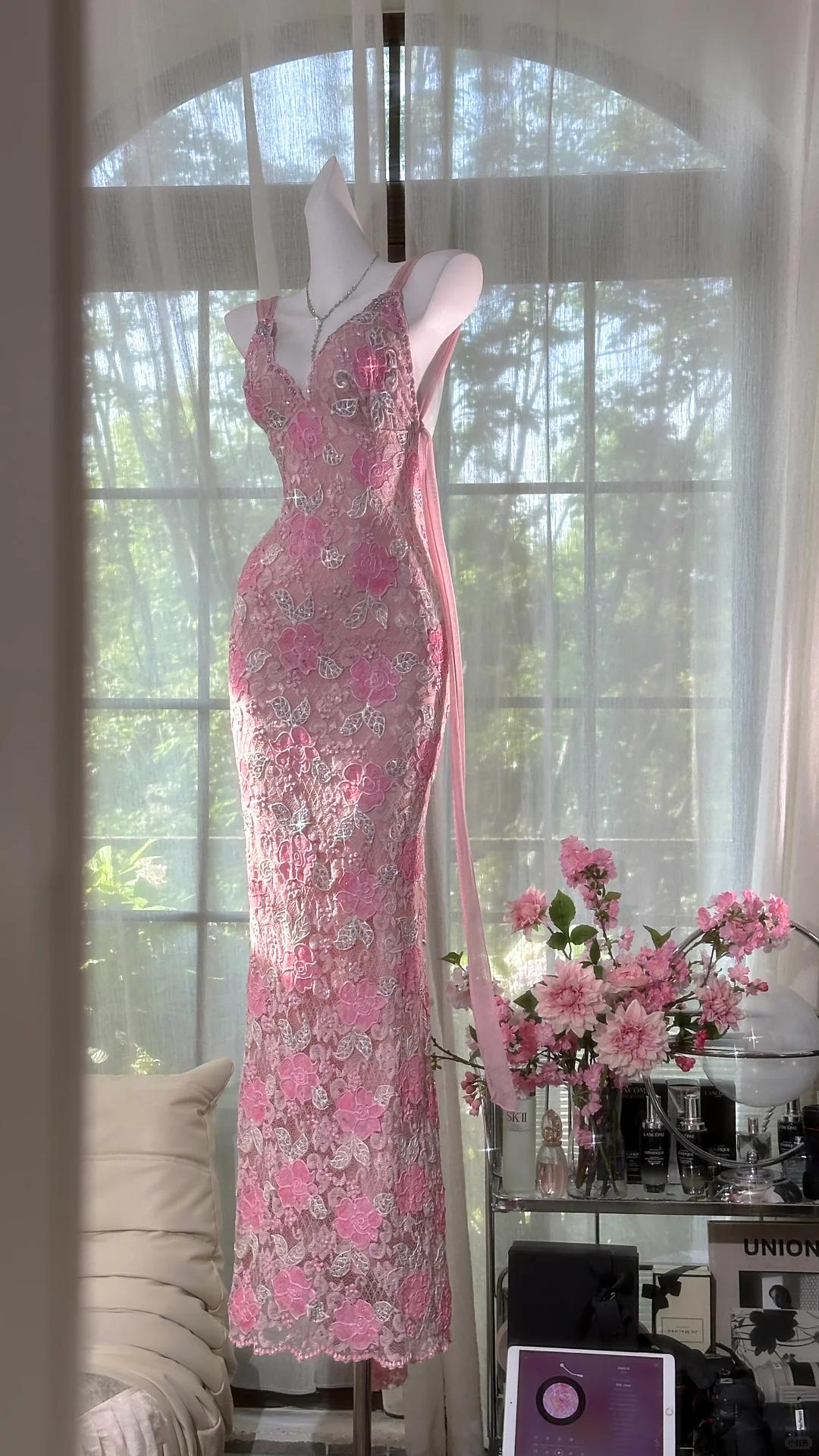 Vintage Gorgeous Pink Floral V-neck Applique Elegant Chiffon Long Evening Dress Prom Dresses HZ1024