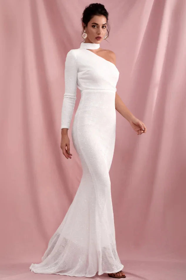 Elegant High-Neck Sequins Prom Dress Mermaid Long Sleeve Evening Gowns