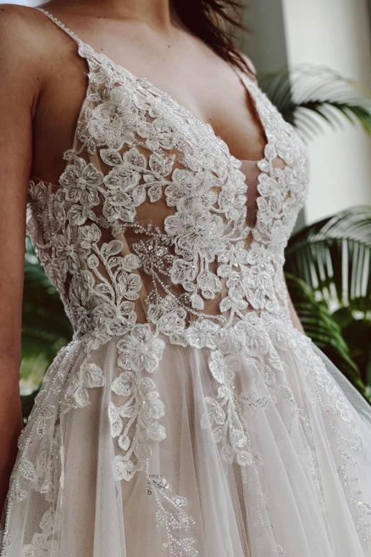 Elegant Tulle Floral Lace Aline Wedding Dresses Sleeveless