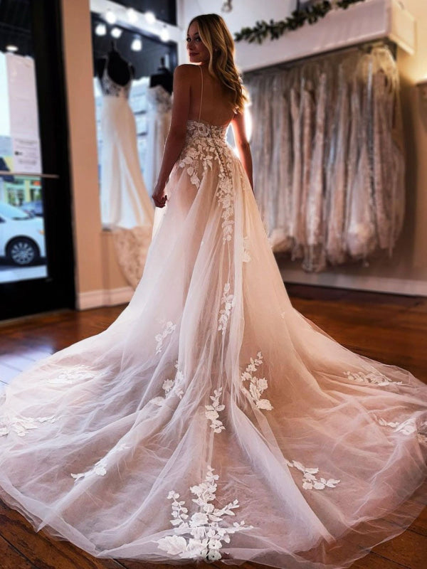 Elegant V-Neck Aline Wedding Dress Tulle Lace Bridal Dress Sleeveless