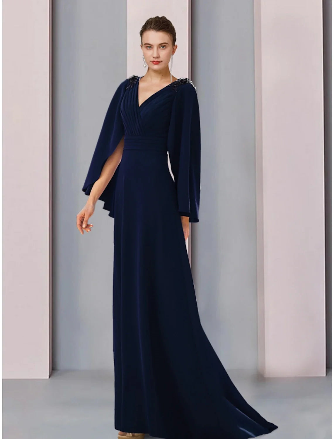 Aimishang A-Line Mother of the Bride Dress Wedding Guest Elegant V Neck Sweep / Brush Train Stretch Chiffon Long Sleeve with Sequin Ruching Solid Color