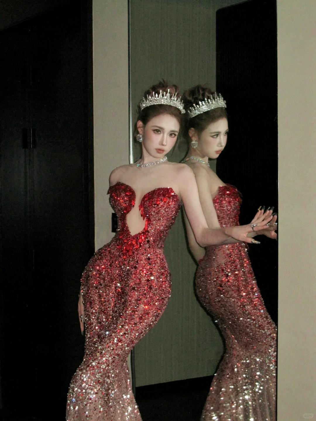 Vintage Gradient Red Sweetheart Strapless Mermaid Design Sexy Prom Dress Evening Dress HZ1024