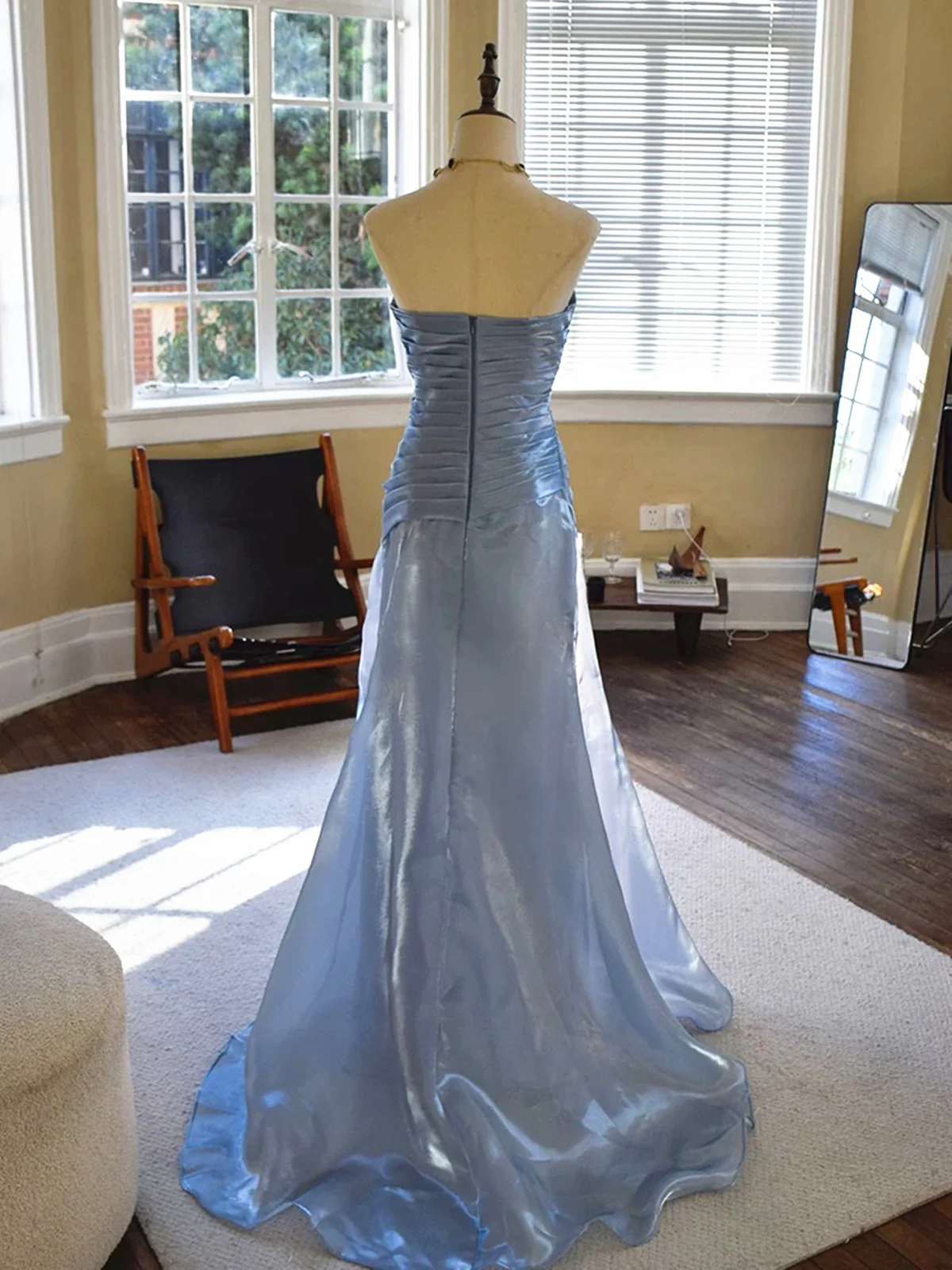 Inspired Blue Strapless Pleated Mermaid Gown Prom Evening Dresses Elegant