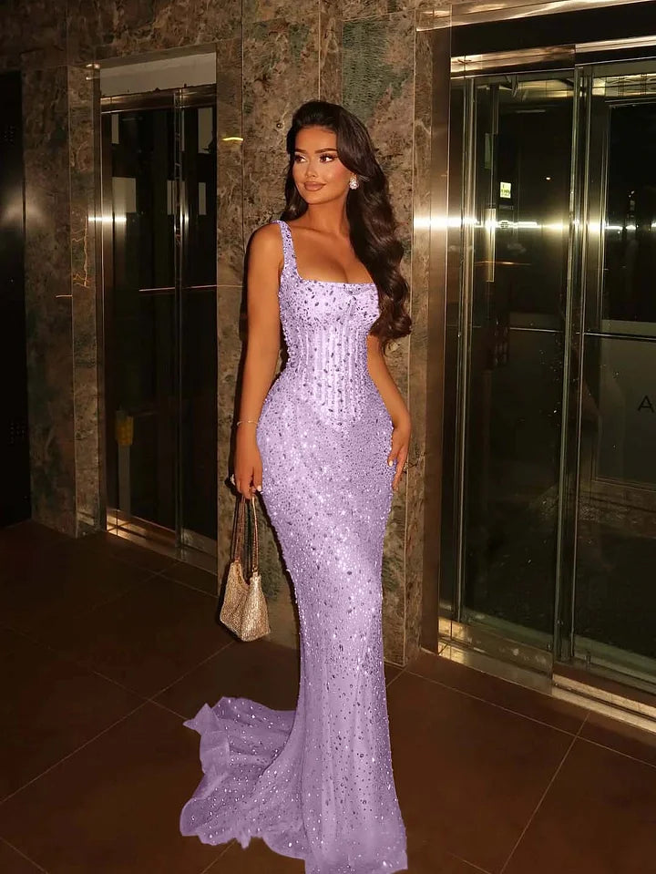 Luxurious Champagne Gold Mermaid Square Neck Sequined Prom Dress Evening Dress cc5117